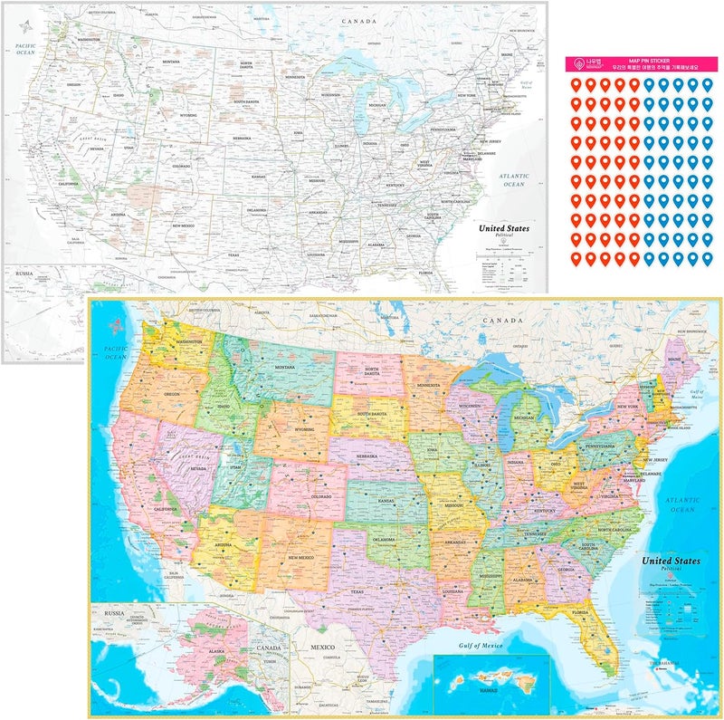 NOWMAP AquaShield Double-Sided United States, USA Map Waterproof Poster 24x36 - Folded with (Pin Stickers) - Image 1